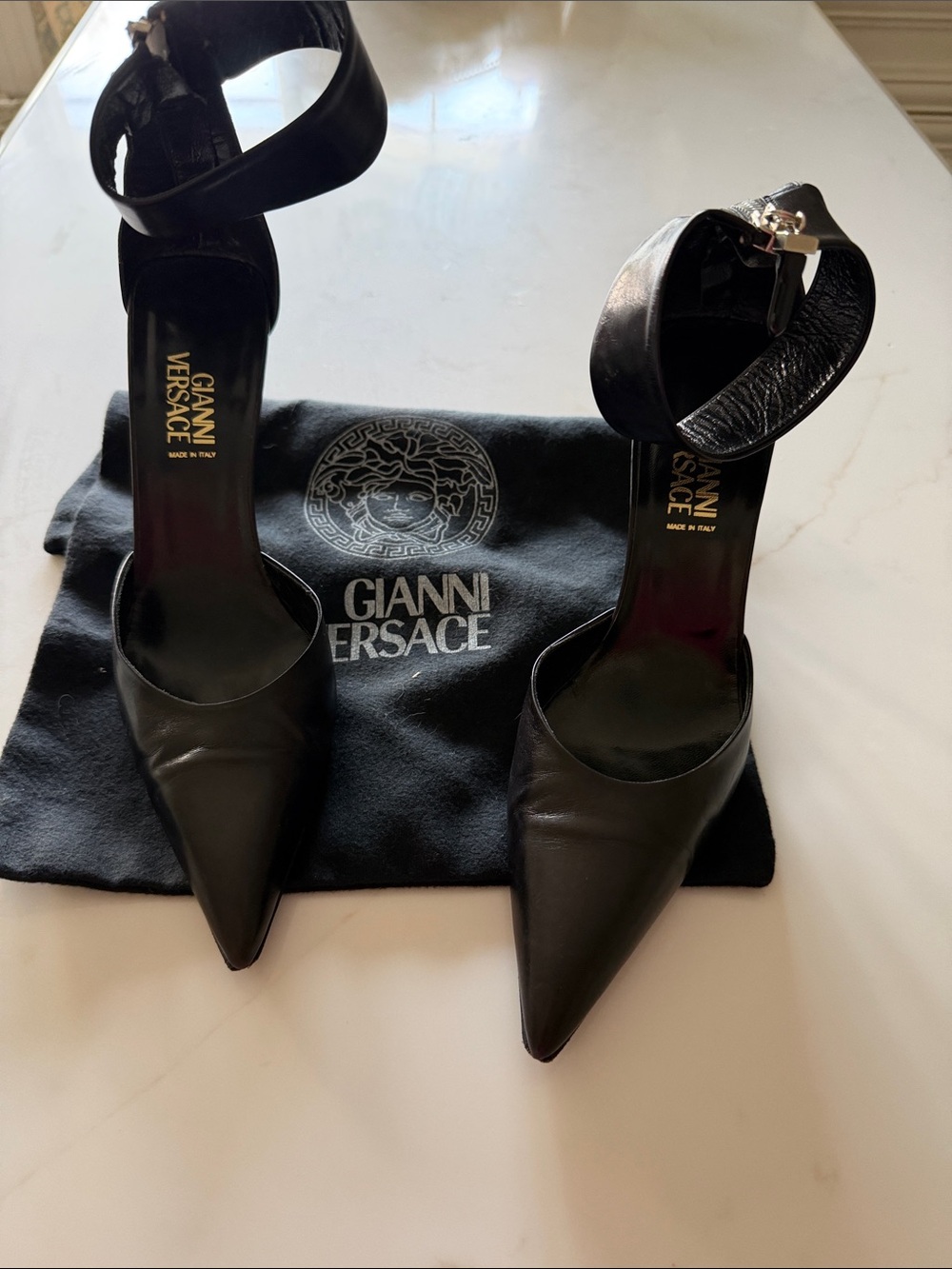 Versace Black Leather Pointed Toe Ankle Strap Heels
